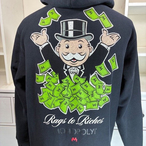 MONOPOLY Brand Rags to Riches Hoodie Mens X-Large Black "Pay Me" Graphic - Picture 4 of 7